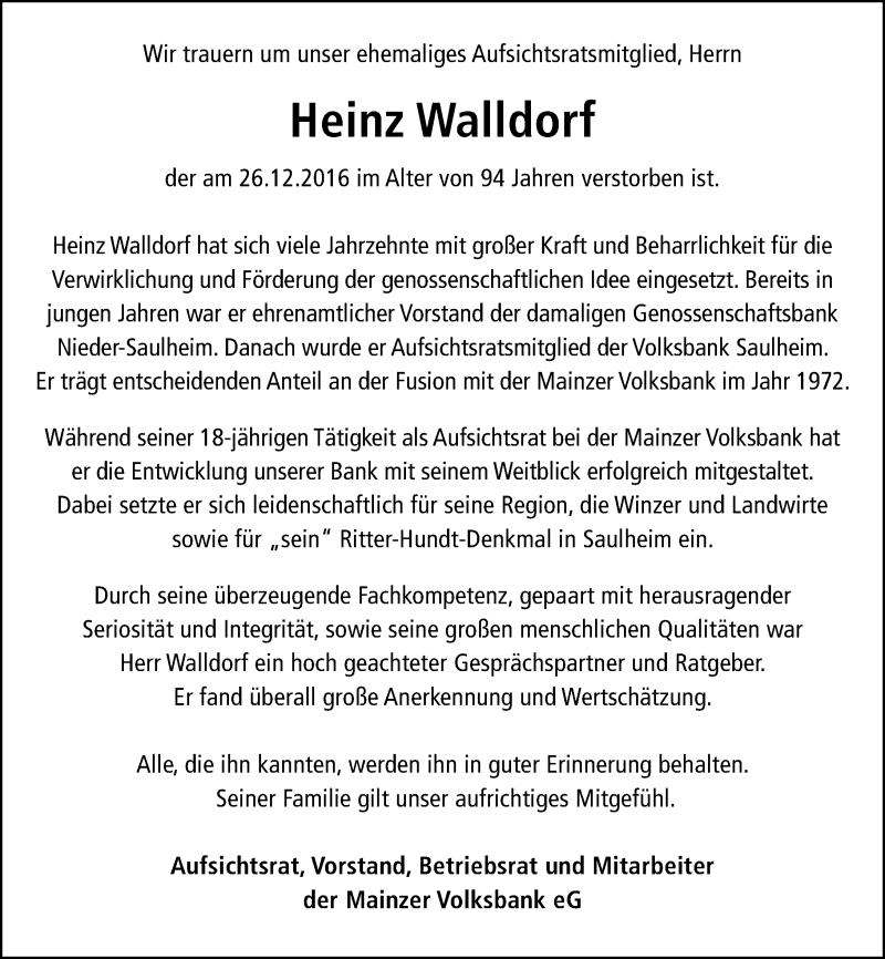  Traueranzeige für Heinz Walldorf vom 29.12.2016 aus Trauerportal Rhein Main Presse