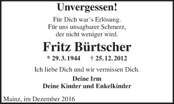 Traueranzeige von Fritz Bürtscher von Trauerportal Rhein Main Presse