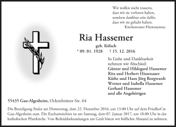 Traueranzeige von Ria Hassemer von Trauerportal Rhein Main Presse