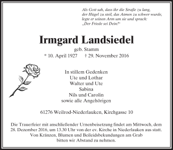 Traueranzeige von Irmgard Landsiedel von  Usinger Anzeiger