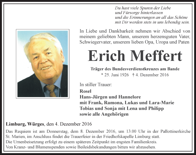 Traueranzeige für Erich Meffert vom 08.12.2016 aus  Camberger Anzeiger