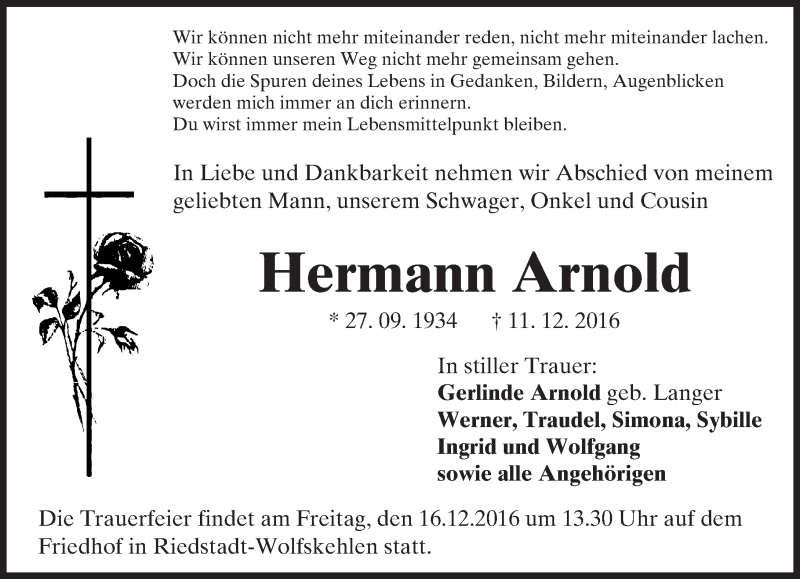  Traueranzeige für Hermann Arnold vom 14.12.2016 aus Trauerportal Echo Online