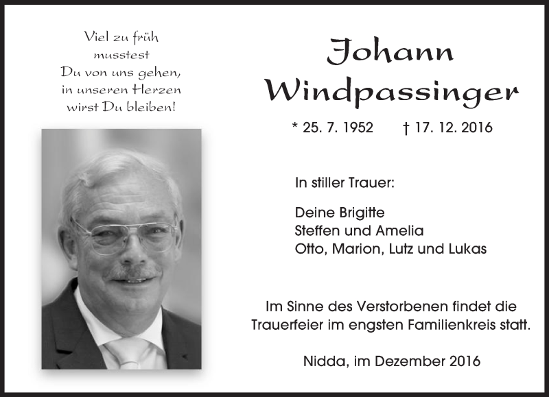  Traueranzeige für Johann Windpassinger vom 24.12.2016 aus  Kreisanzeiger