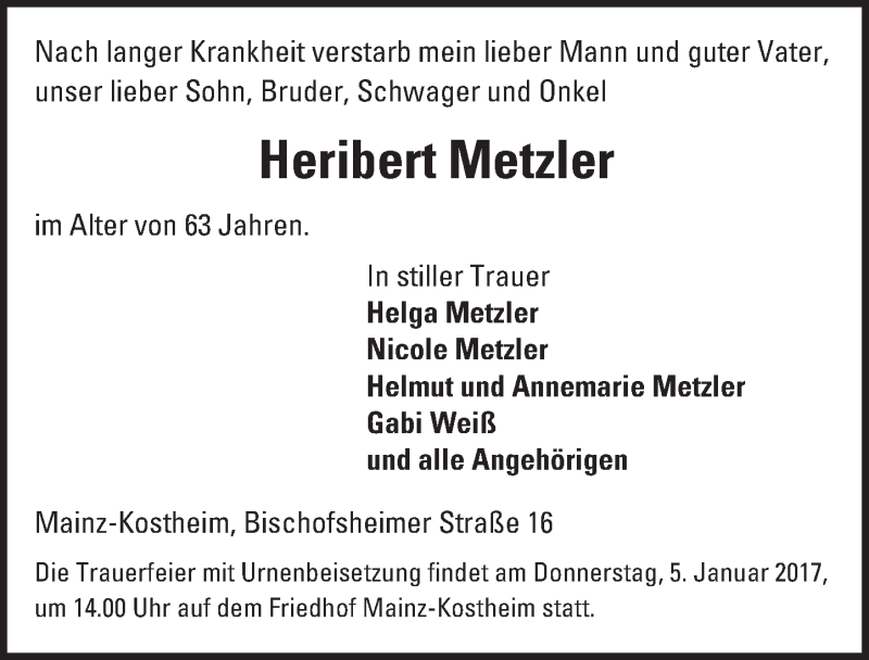 Traueranzeige für Heribert Metzler vom 31.12.2016 aus Trauerportal Rhein Main Presse