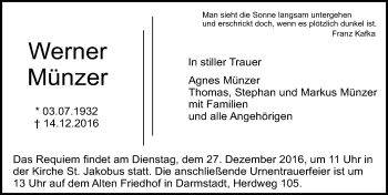 Traueranzeige von Werner Münzer von Trauerportal Echo Online