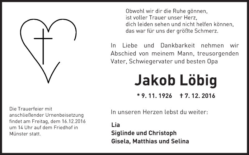  Traueranzeige für Jakob Löbig vom 13.12.2016 aus Trauerportal Echo Online