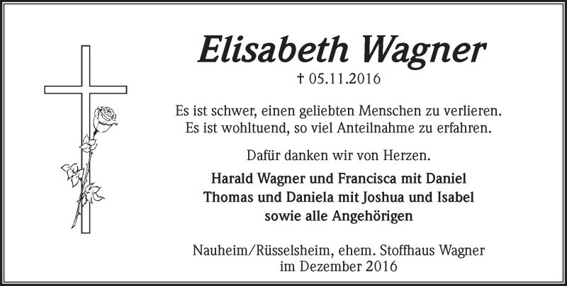  Traueranzeige für Elisabeth Wagner vom 10.12.2016 aus Trauerportal Rhein Main Presse