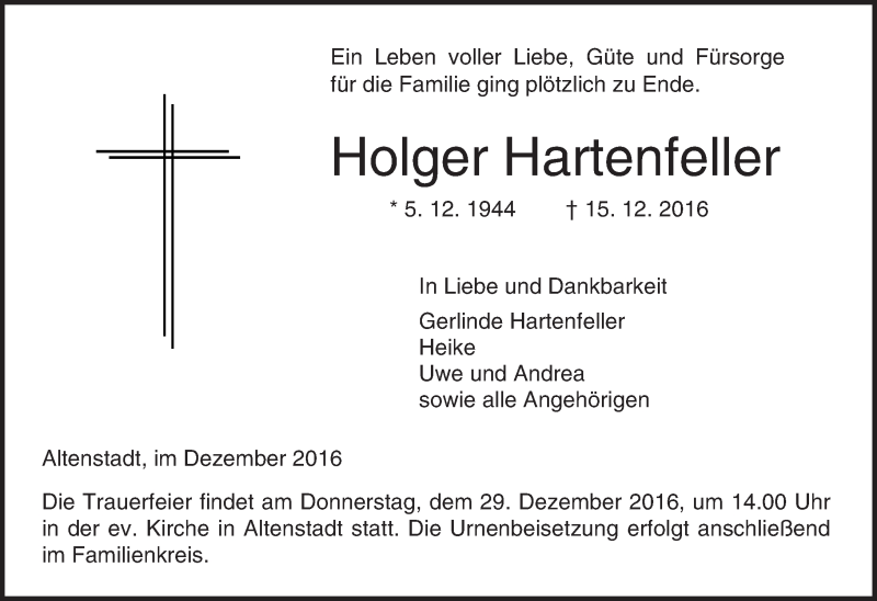  Traueranzeige für Holger Hartenfeller vom 24.12.2016 aus  Kreisanzeiger