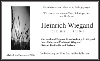 Traueranzeige von Heinrich Wiegand von VRM Trauer