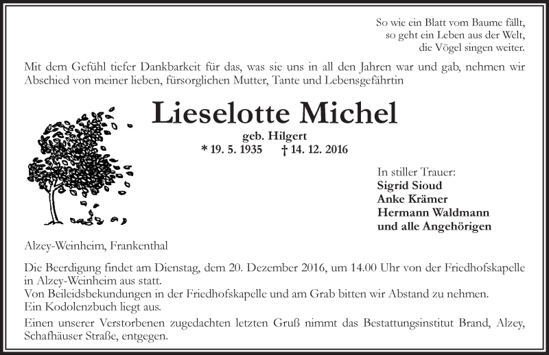  Traueranzeige für Lieselotte Michel vom 16.12.2016 aus Trauerportal Rhein Main Presse