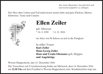 Traueranzeige von Ellen Zeiler von Trauerportal Rhein Main Presse