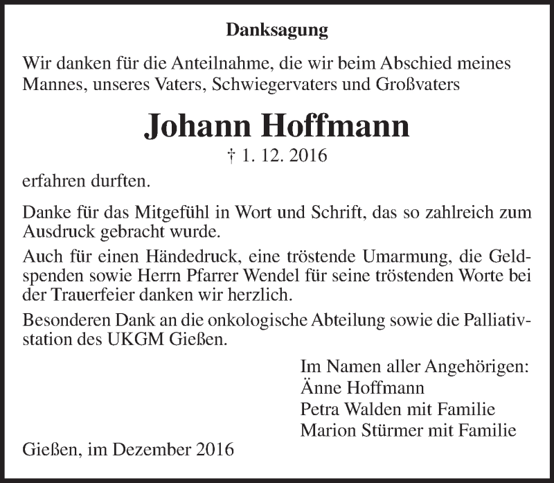  Traueranzeige für Johann Hoffmann vom 31.12.2016 aus  Gießener Anzeiger