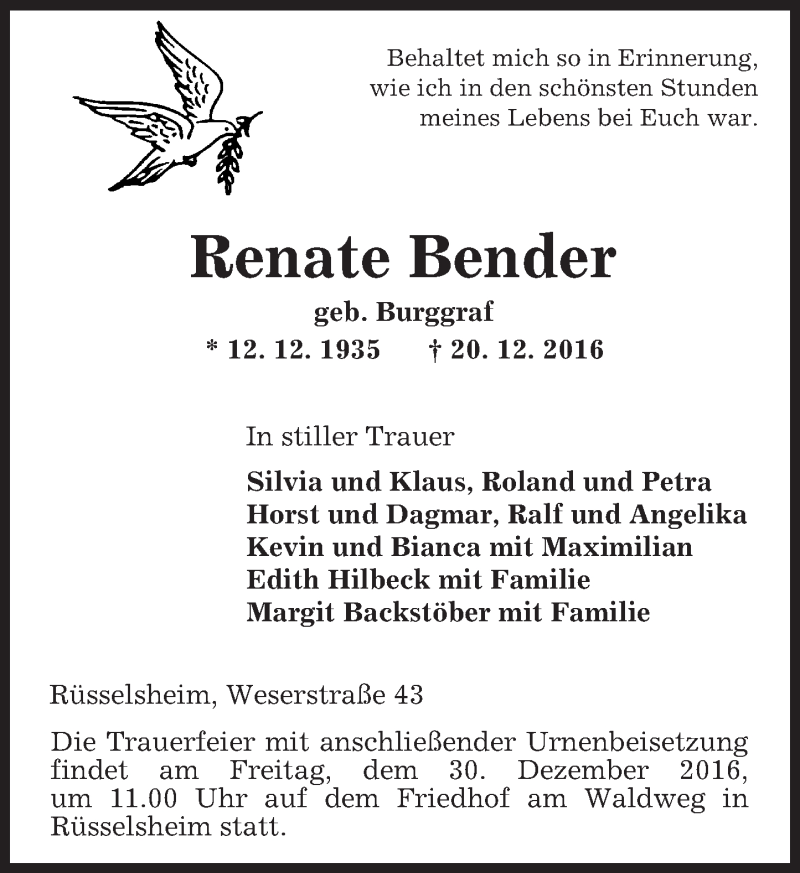 Traueranzeige für Renate Bender vom 24.12.2016 aus Trauerportal Rhein Main Presse