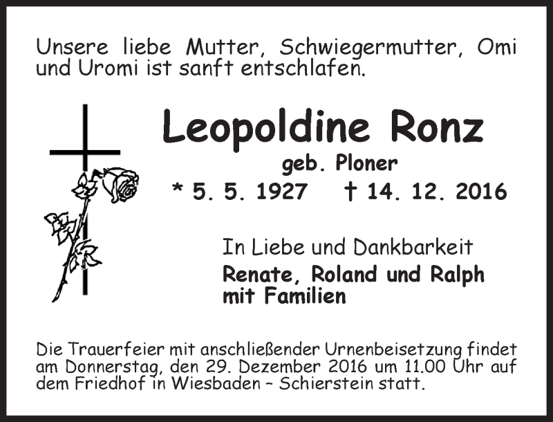  Traueranzeige für Leopoldine Ronz vom 21.12.2016 aus Trauerportal Rhein Main Presse