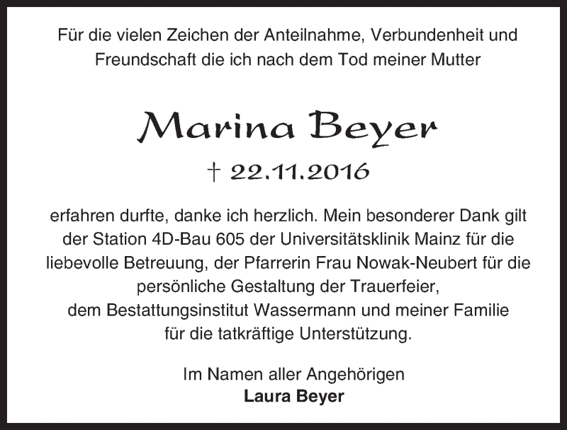  Traueranzeige für Marina Beyer vom 17.12.2016 aus Trauerportal Rhein Main Presse