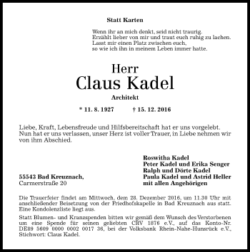 Traueranzeige von Claus Kadel von Trauerportal Rhein Main Presse