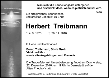 Traueranzeige von Herbert Treibmann von Trauerportal Echo Online