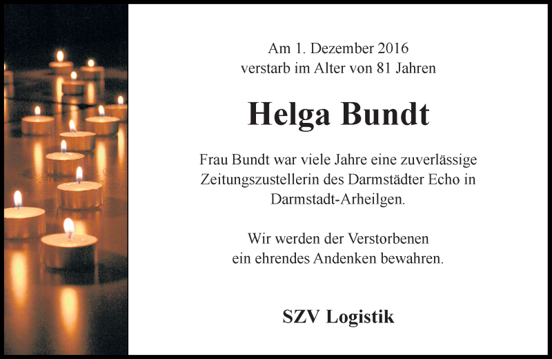  Traueranzeige für Helga Bundt vom 17.12.2016 aus Trauerportal Echo Online
