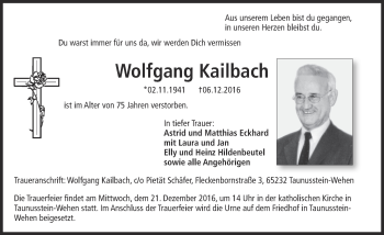 Traueranzeige von Wolfgang Kailbach von Trauerportal Rhein Main Presse
