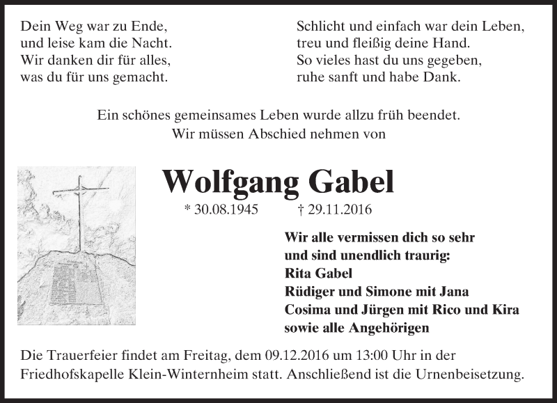  Traueranzeige für Wolfgang Gabel vom 03.12.2016 aus Trauerportal Rhein Main Presse