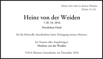Traueranzeige von Heinz von der Weiden von Trauerportal Rhein Main Presse