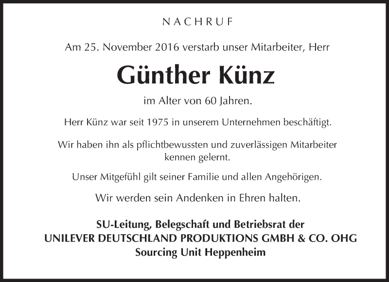  Traueranzeige für Günther Künz vom 03.12.2016 aus Trauerportal Echo Online