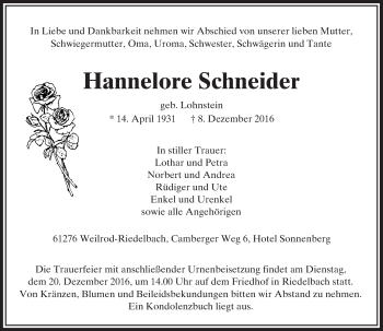 Traueranzeige von Hannelore Schneider von  Camberger Anzeiger