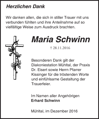 Traueranzeige von Maria Schwinn von Trauerportal Echo Online