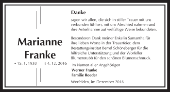 Traueranzeige von Marianne Franke von Trauerportal Echo Online