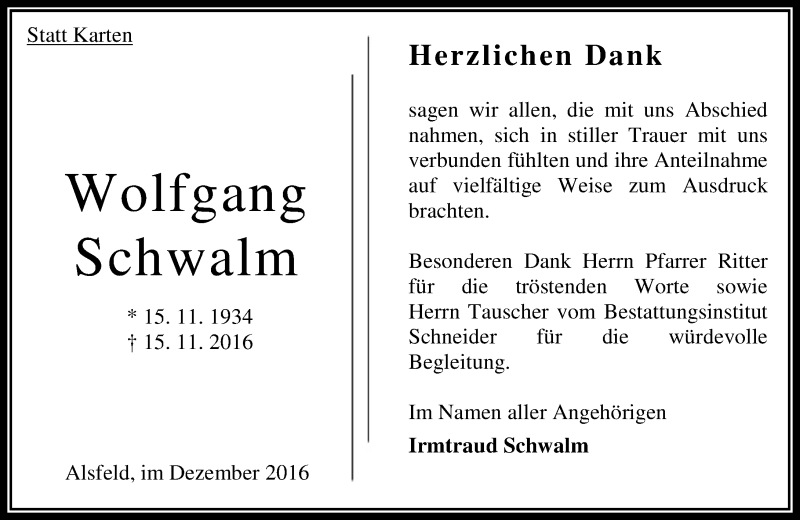  Traueranzeige für Wolfgang Schwalm vom 24.12.2016 aus VRM Trauer