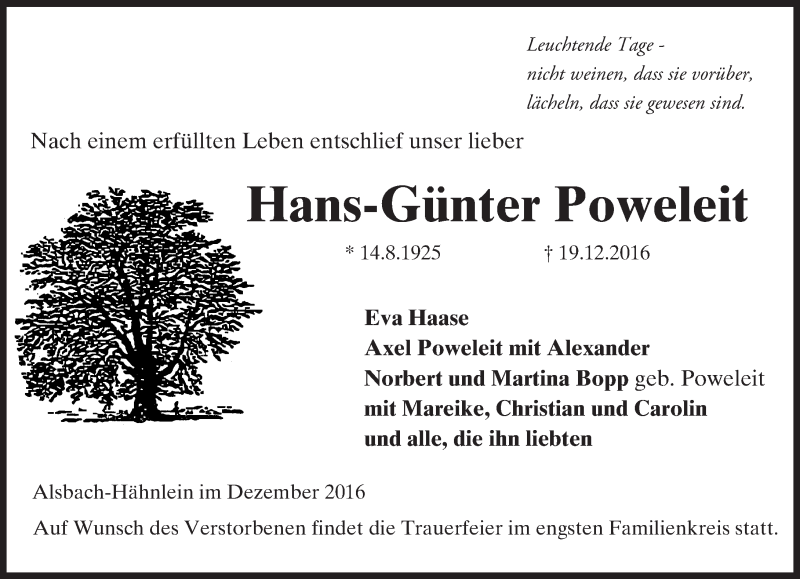  Traueranzeige für Hans-Günter Poweleit vom 31.12.2016 aus Trauerportal Echo Online