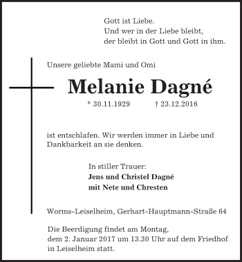 Traueranzeige von Melanie Dagnè von Trauerportal Rhein Main Presse