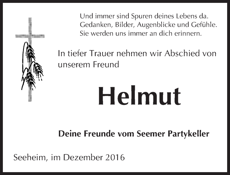  Traueranzeige für Helmut Struck vom 06.12.2016 aus Trauerportal Echo Online