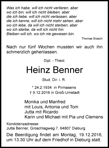 Traueranzeige von Heinz Benner von Trauerportal Echo Online