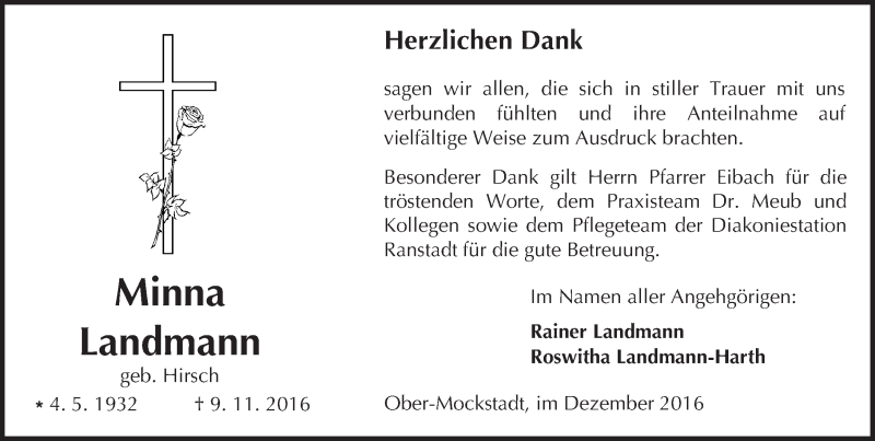  Traueranzeige für Minna Landmann vom 17.12.2016 aus  Kreisanzeiger