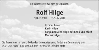 Traueranzeige von Rolf Hilge von Trauerportal Echo Online