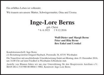 Traueranzeige von Inge-Lore Berns von Trauerportal Rhein Main Presse