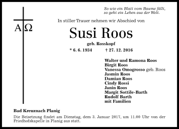 Traueranzeige von Susi Roos von Trauerportal Rhein Main Presse