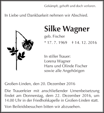 Traueranzeige von Silke Wagner von  Gießener Anzeiger
