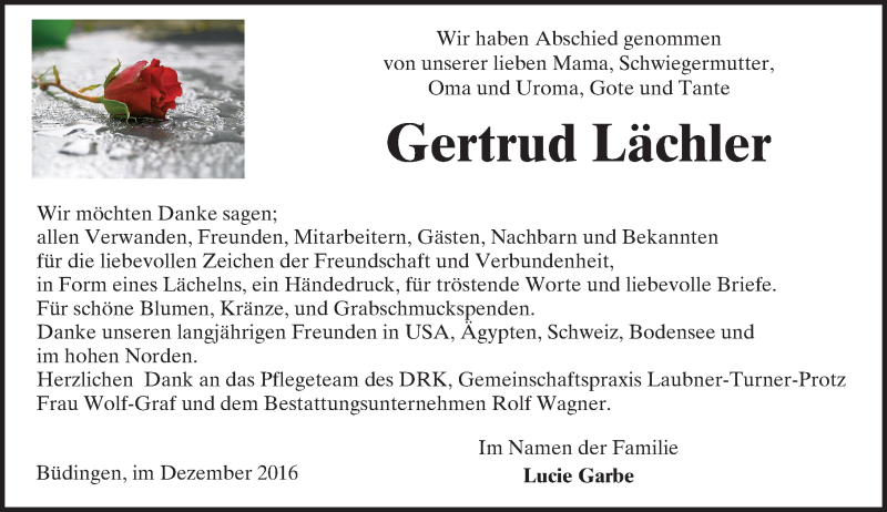  Traueranzeige für Gertrud Lächler vom 10.12.2016 aus  Kreisanzeiger