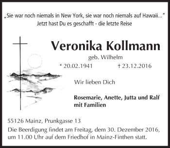 Traueranzeige von Veronika Kollmann von Trauerportal Rhein Main Presse
