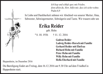 Traueranzeige von Erika Reider von Trauerportal Echo Online