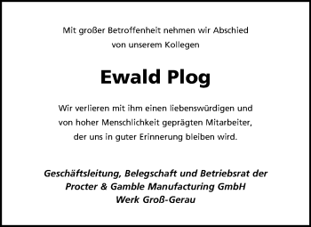 Traueranzeige von Ewald Plog von Trauerportal Rhein Main Presse