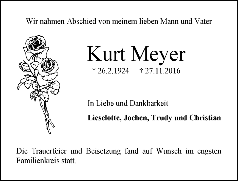  Traueranzeige für Kurt Meyer vom 13.12.2016 aus Trauerportal Echo Online