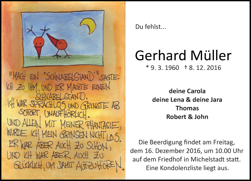  Traueranzeige für Gerhard Müller vom 14.12.2016 aus Trauerportal Echo Online