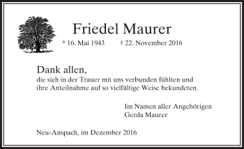 Traueranzeige von Friedel Maurer von  Usinger Anzeiger