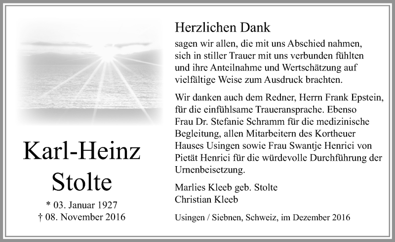  Traueranzeige für Karl-Heinz Stolte vom 03.12.2016 aus  Usinger Anzeiger