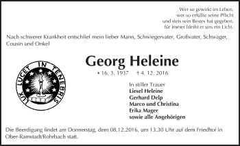 Traueranzeige von Georg Heleine von Trauerportal Echo Online