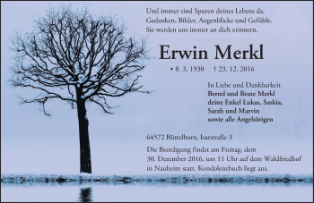 Traueranzeige von Erwin Merkl von Trauerportal Echo Online
