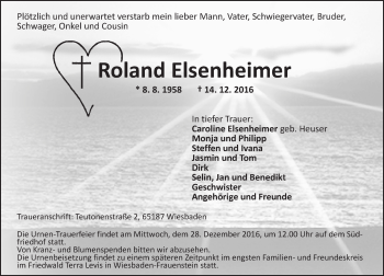 Traueranzeige von Roland Elsenheimer von Trauerportal Rhein Main Presse